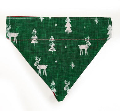 Christmas Dog Bandana - Green with reindeer and Christmas tree pattern
